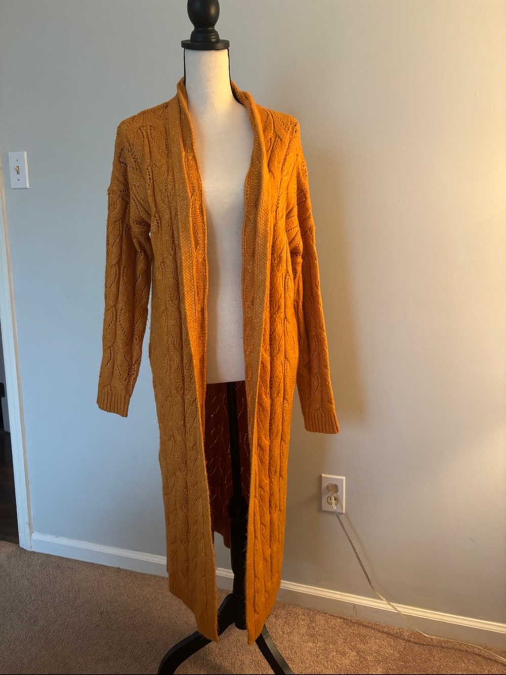 Long Open-Front Cable Knit Cardigan Sweater - Mustard
